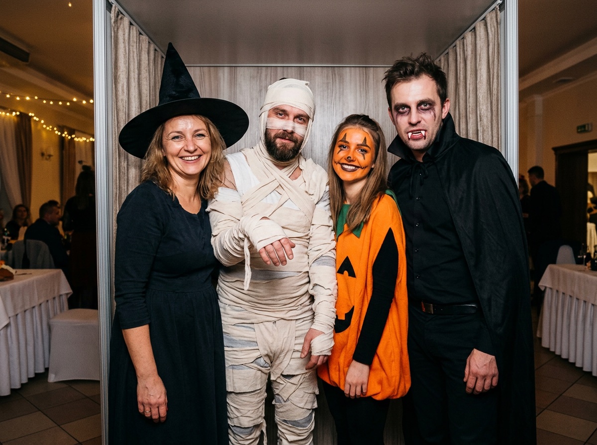 Grupa gości przebrana przez AI w motywie Halloween